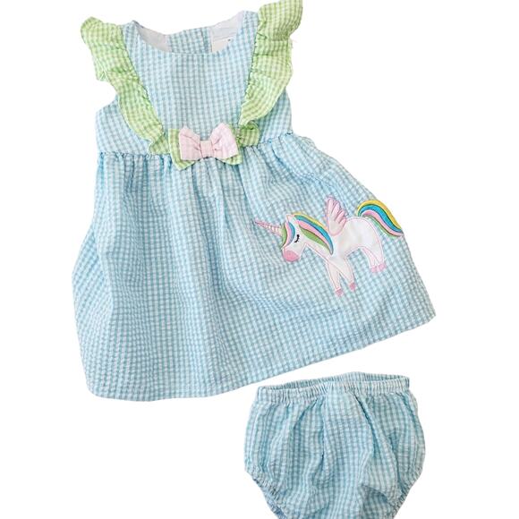 Rare Editions seersucker unicorn dress and bloomers  12M - Picture 1 of 6